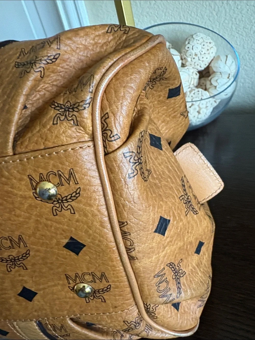 MCM Tan Cognac Logo Visetos Satchel with Gold Hardware